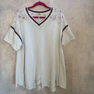 Free People Large White Flowy Lace Short Sleeve V Neck Boho Beachy Shirt Cotton